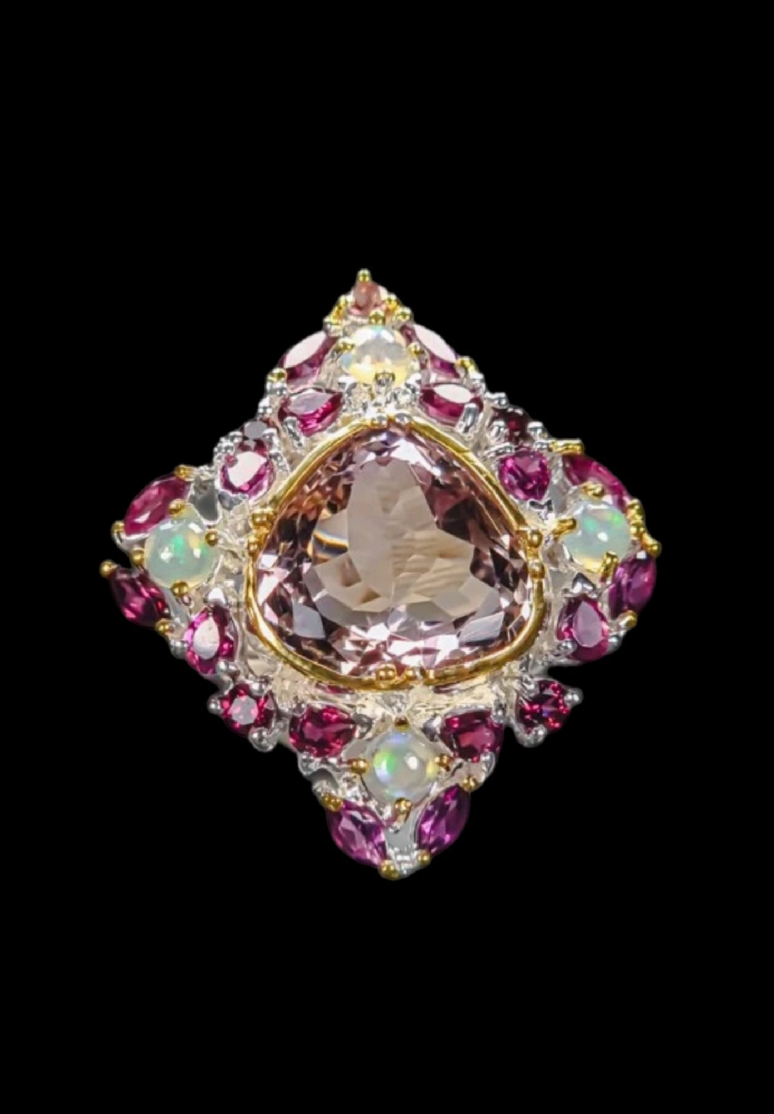 Exquisite Genuine Ametrine with Opals & Rhodolite Garnets Ring