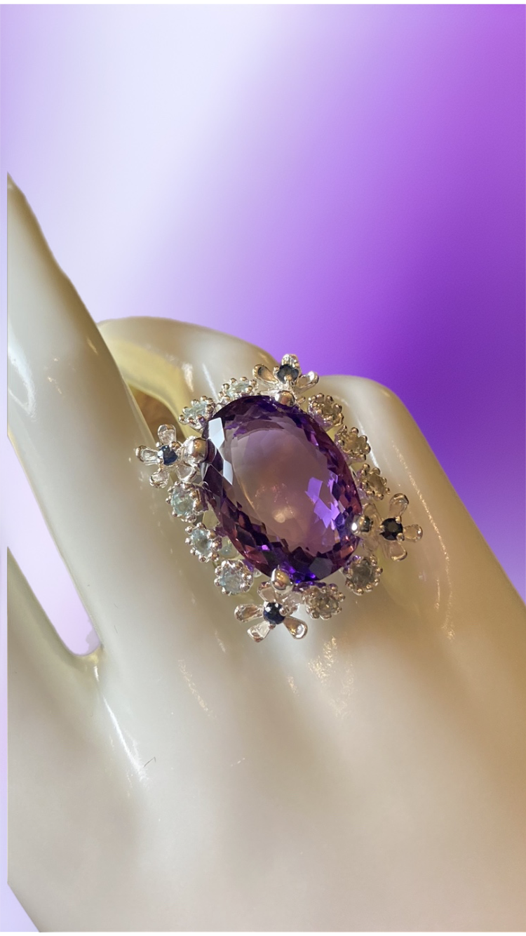 Genuine 17 CTW  Amethyst, Sapphires & Topaz Ring