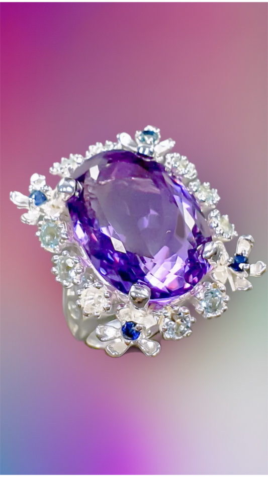 Genuine 17 CTW  Amethyst, Sapphires & Topaz Ring