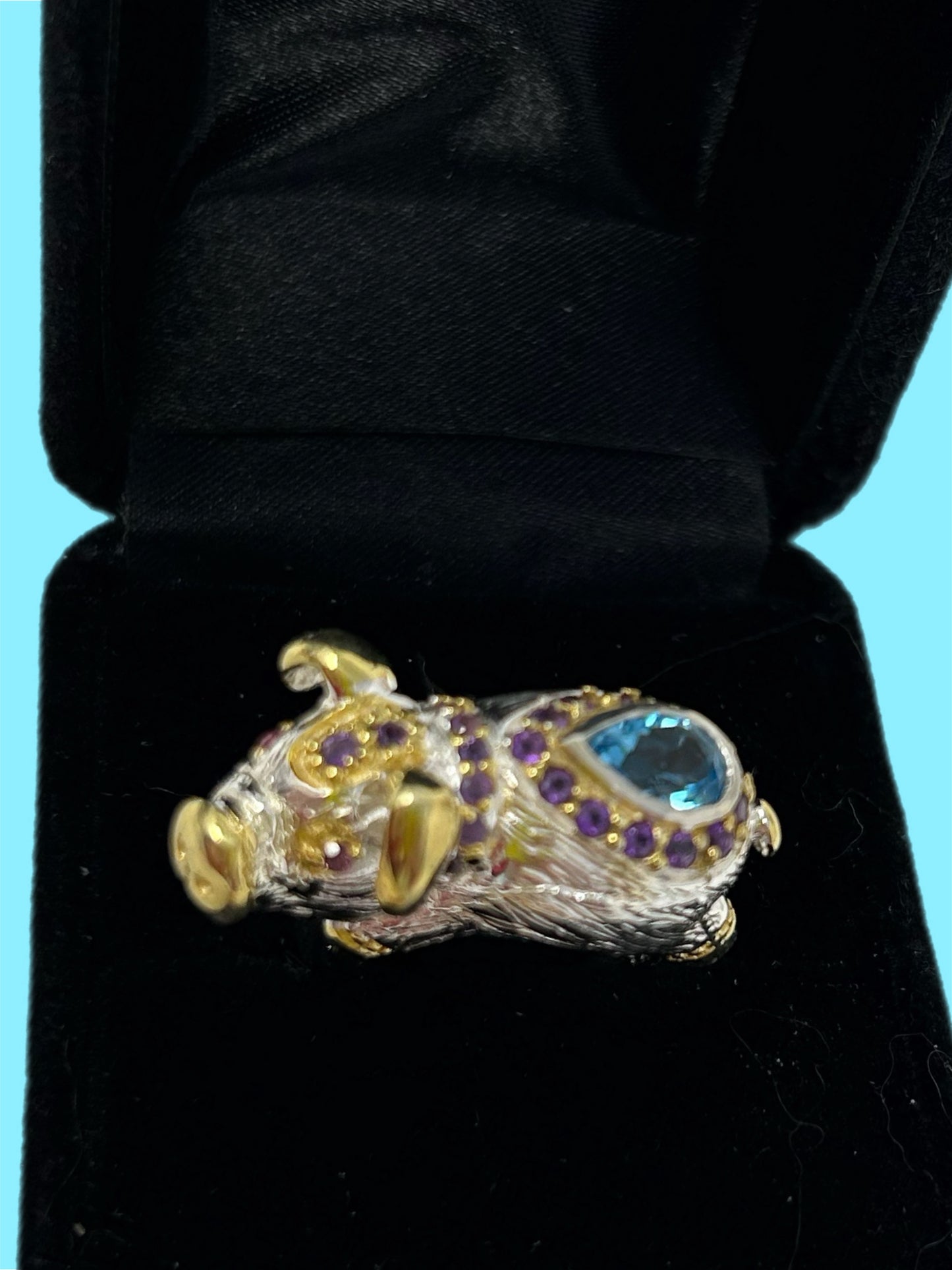 Artistic, Genuine Blue Topaz & Amethyst Unique Piggy Ring