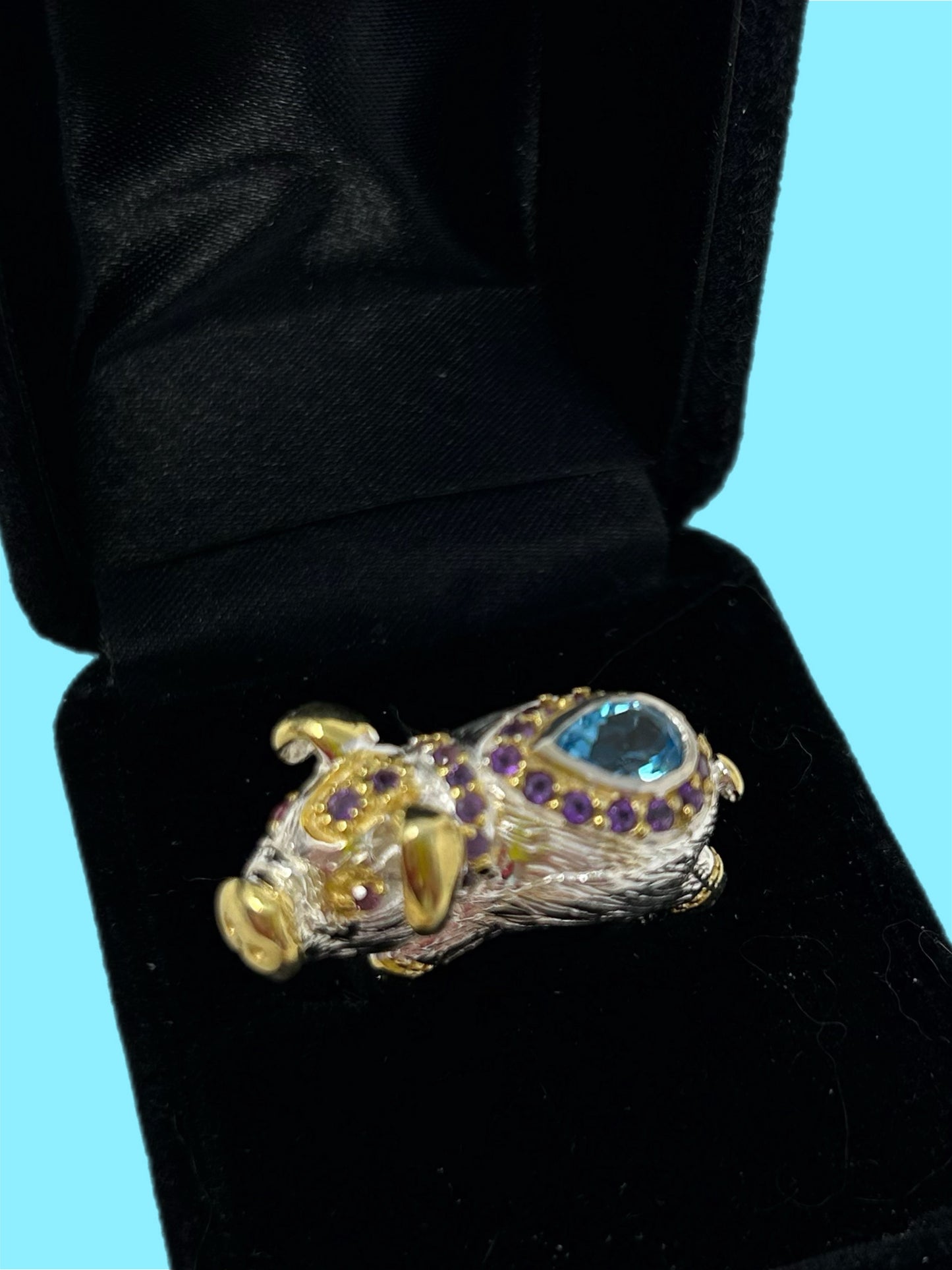 Artistic, Genuine Blue Topaz & Amethyst Unique Piggy Ring
