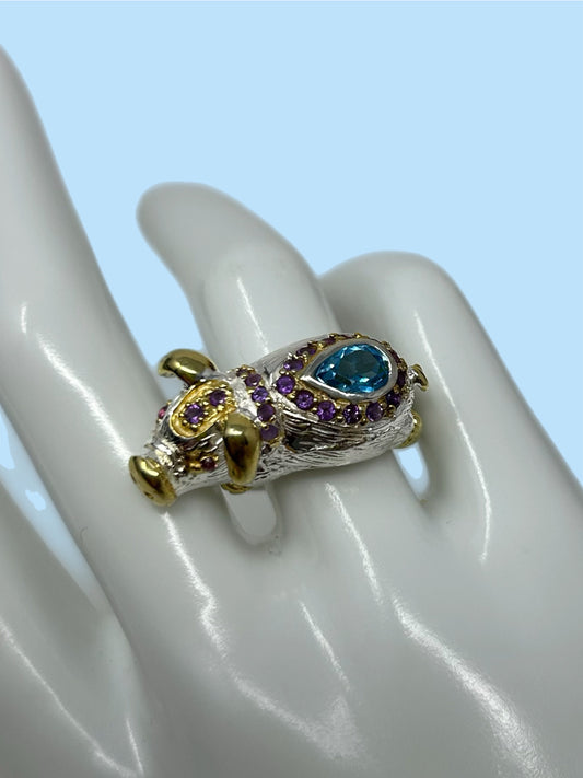 Artistic, Genuine Blue Topaz & Amethyst Unique Piggy Ring
