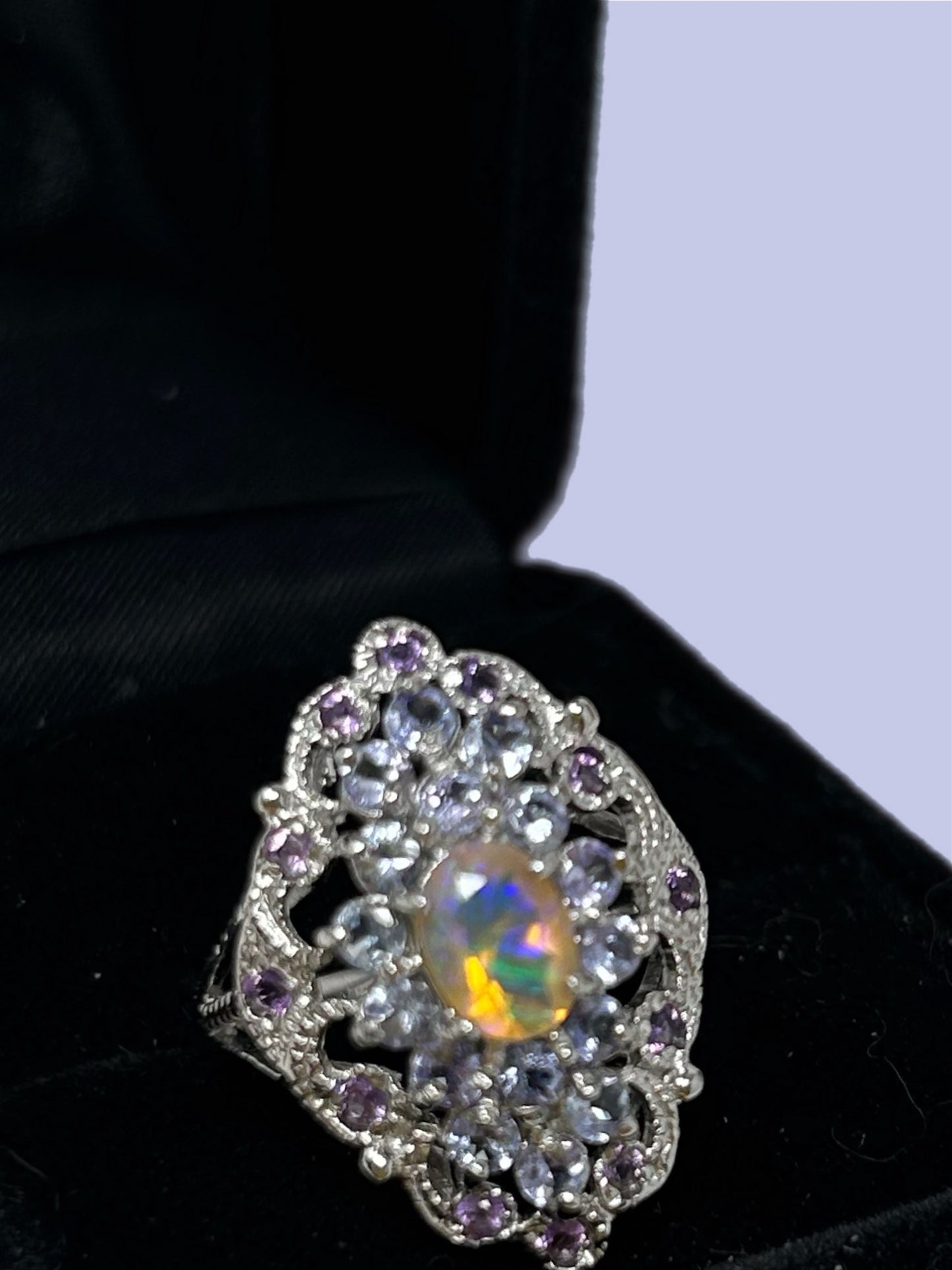 Genuine Natural, Fiery Faceted Opal & Tanzanite Ring
