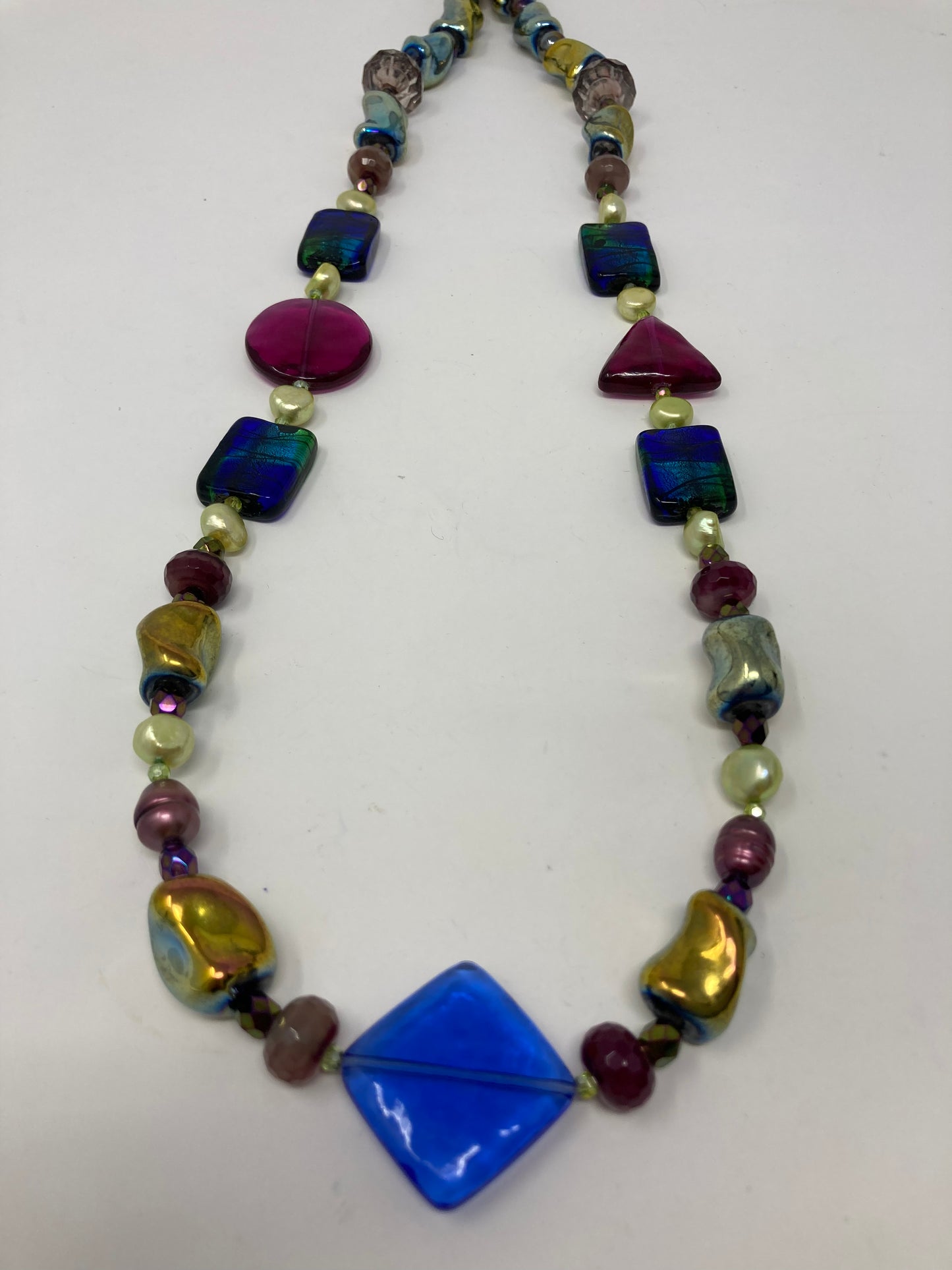 Handmade Art Glass, Agate & Freshwater Pearl Necklace Artists Original