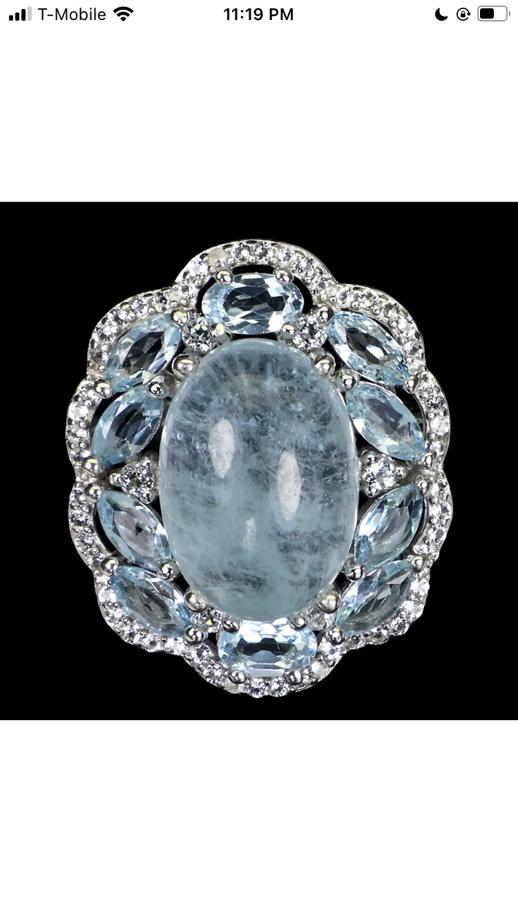 Rare 14mm by 10mm genuine Aquamarine Cabochon encrusted with Marquee shaped faceted Aquamarines