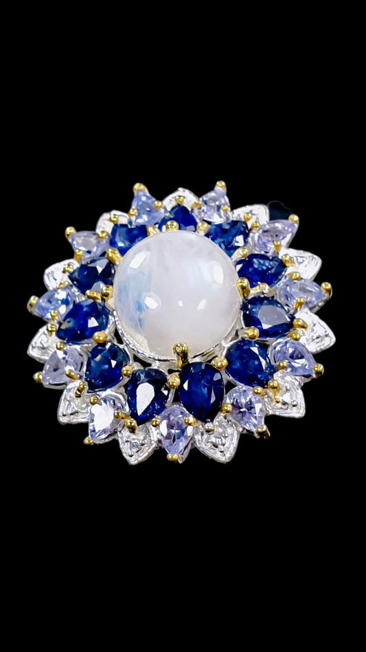 Mysterious Genuine AA+ Quality Moonstone, Sapphire & Tanzanite Ring