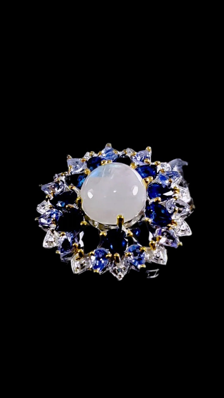 Mysterious Genuine AA+ Quality Moonstone, Sapphire & Tanzanite Ring