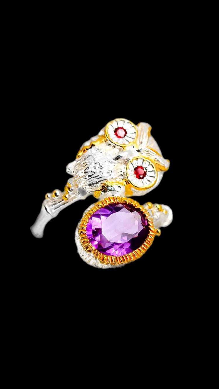 Genuine Amethyst Owl Ring