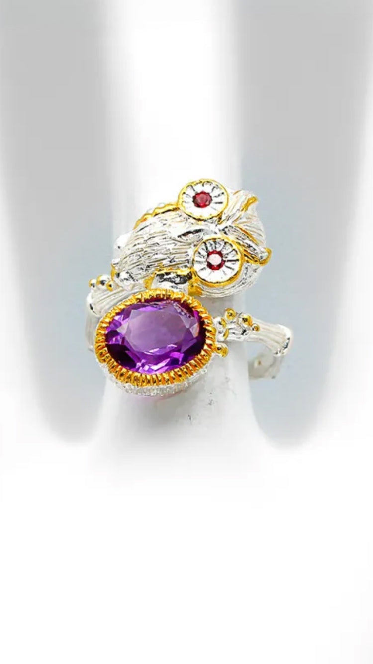 Genuine Amethyst Owl Ring