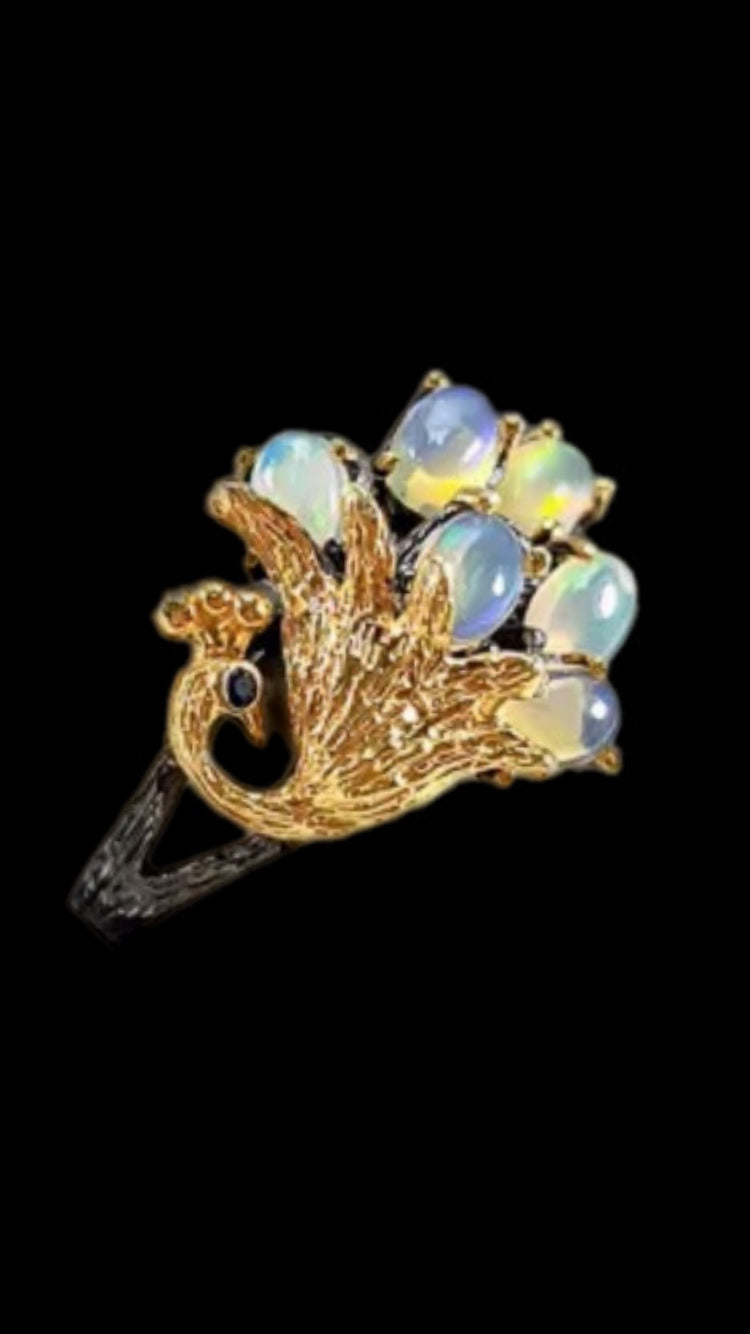 Genuine Fiery Opal Peacock Ring
