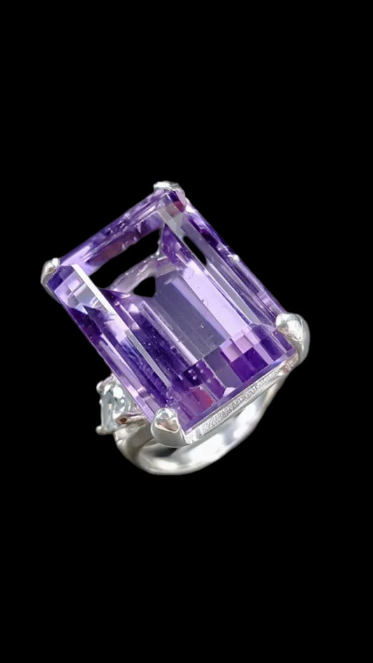 Elegant, Emerald Cut Faceted Genuine Amethyst Ring