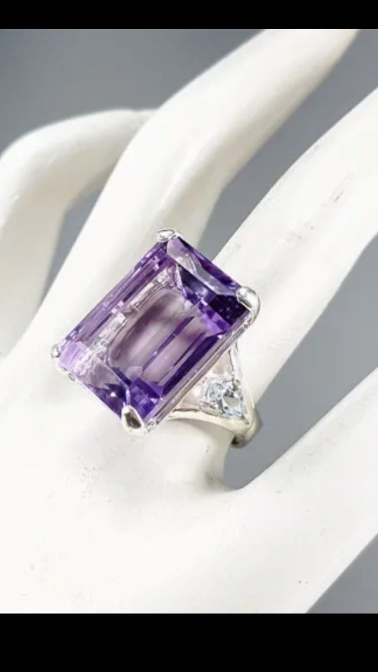 Elegant, Emerald Cut Faceted Genuine Amethyst Ring