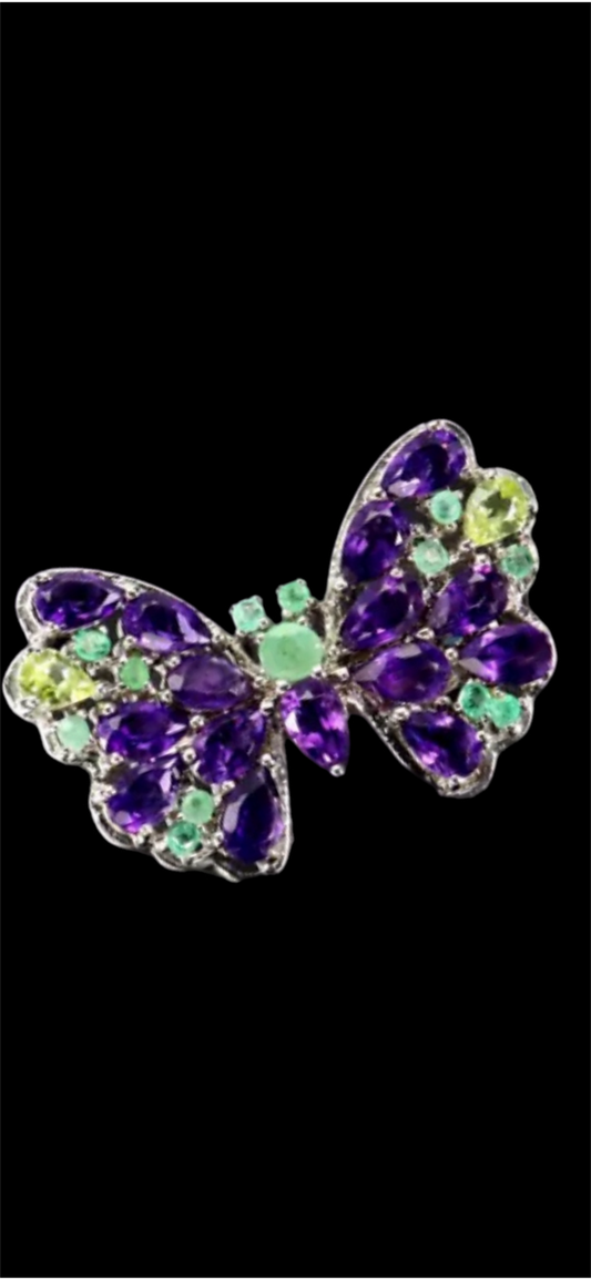 Genuine Amethyst & Emerald Butterfly Ring