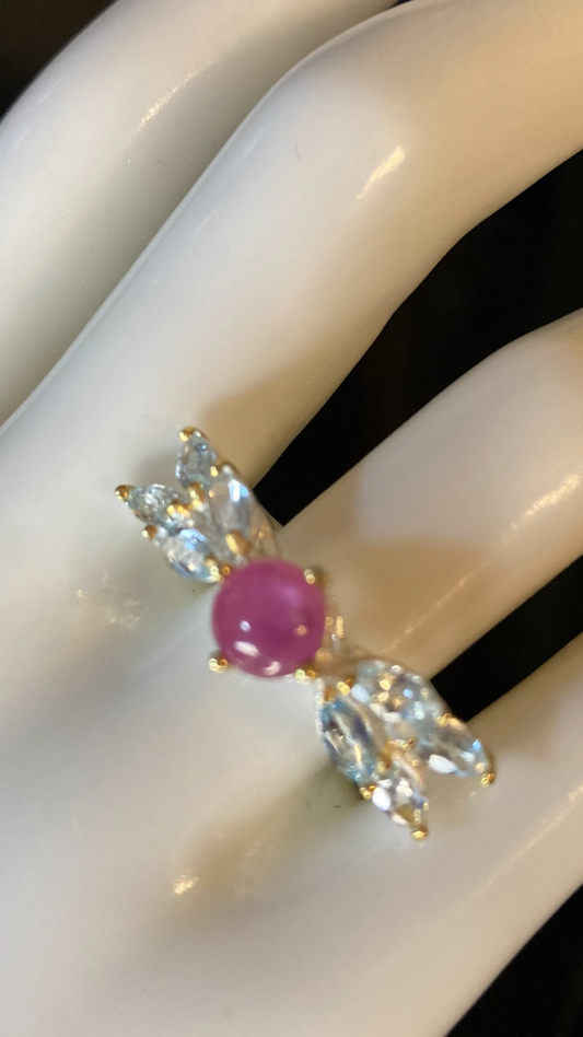 Genuine Pink Ruby & Blue Topaz Ring