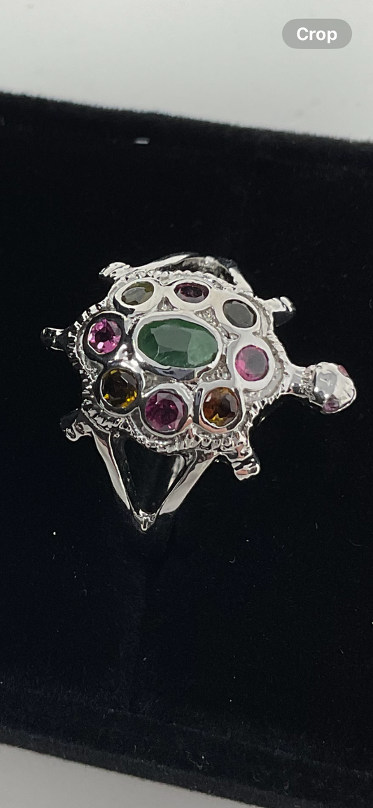 Genuine Emerald & Rhodolite Garnets Turtle Ring