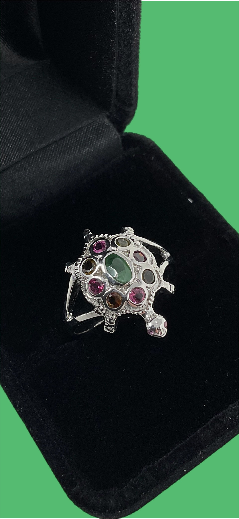 Genuine Emerald & Rhodolite Garnets Turtle Ring