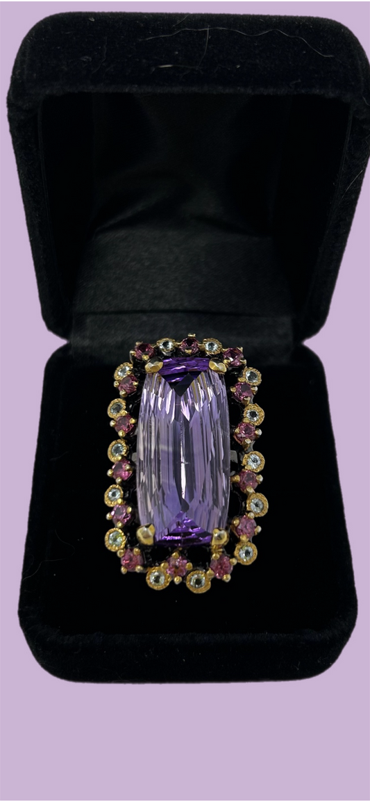 A Rare Treasure, Genuine 37 CTW Genuine Amethyst Ring, Encrusted with Garnets & White Tooaz