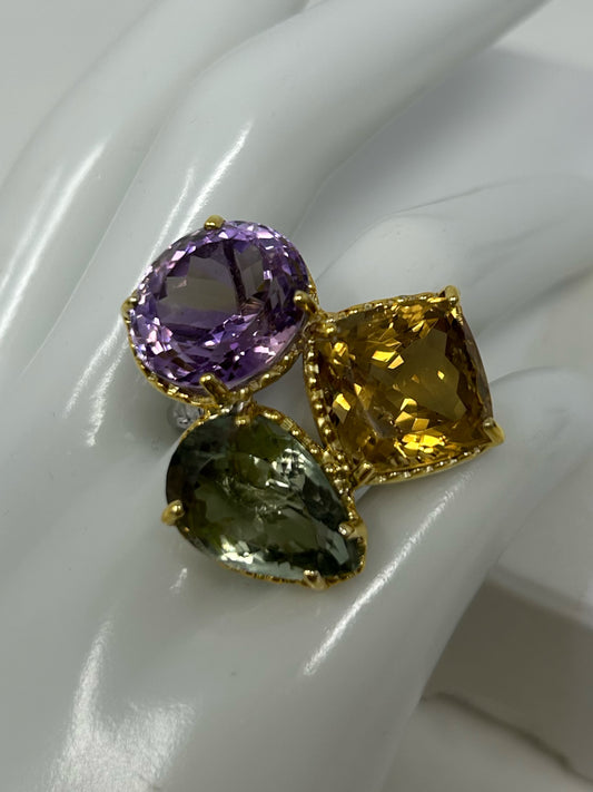 Hold For Victoria Custom Designed Triad Of Genuine Amethyst, Golden Citrine & Green Amethyst Ring