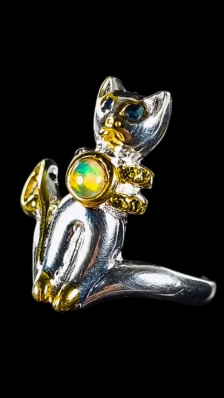 Genuine Opal Kitty Cat Ring