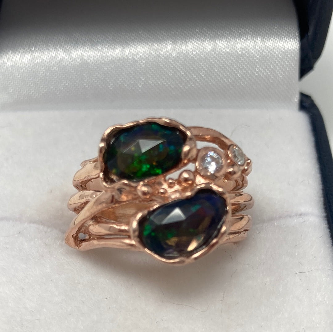 Rare Unusual Faceted Genuine Black Opal Ring