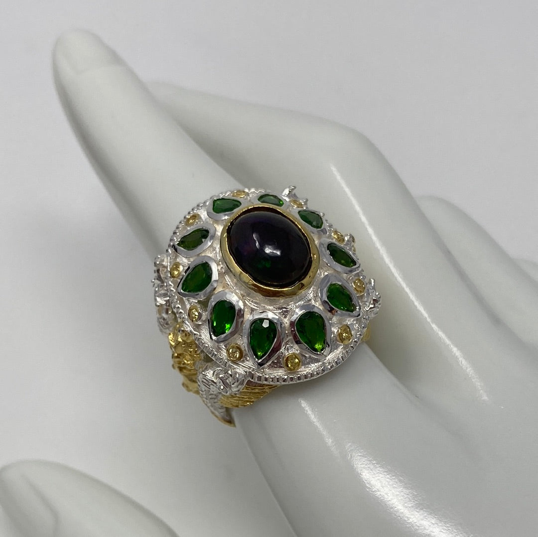 Crown Jewels, Genuine Black Opal & Russian Chrome Diopside Ring