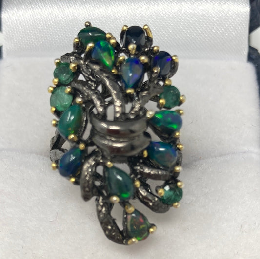 Bougie Genuine Black Opals & Emerald Ring