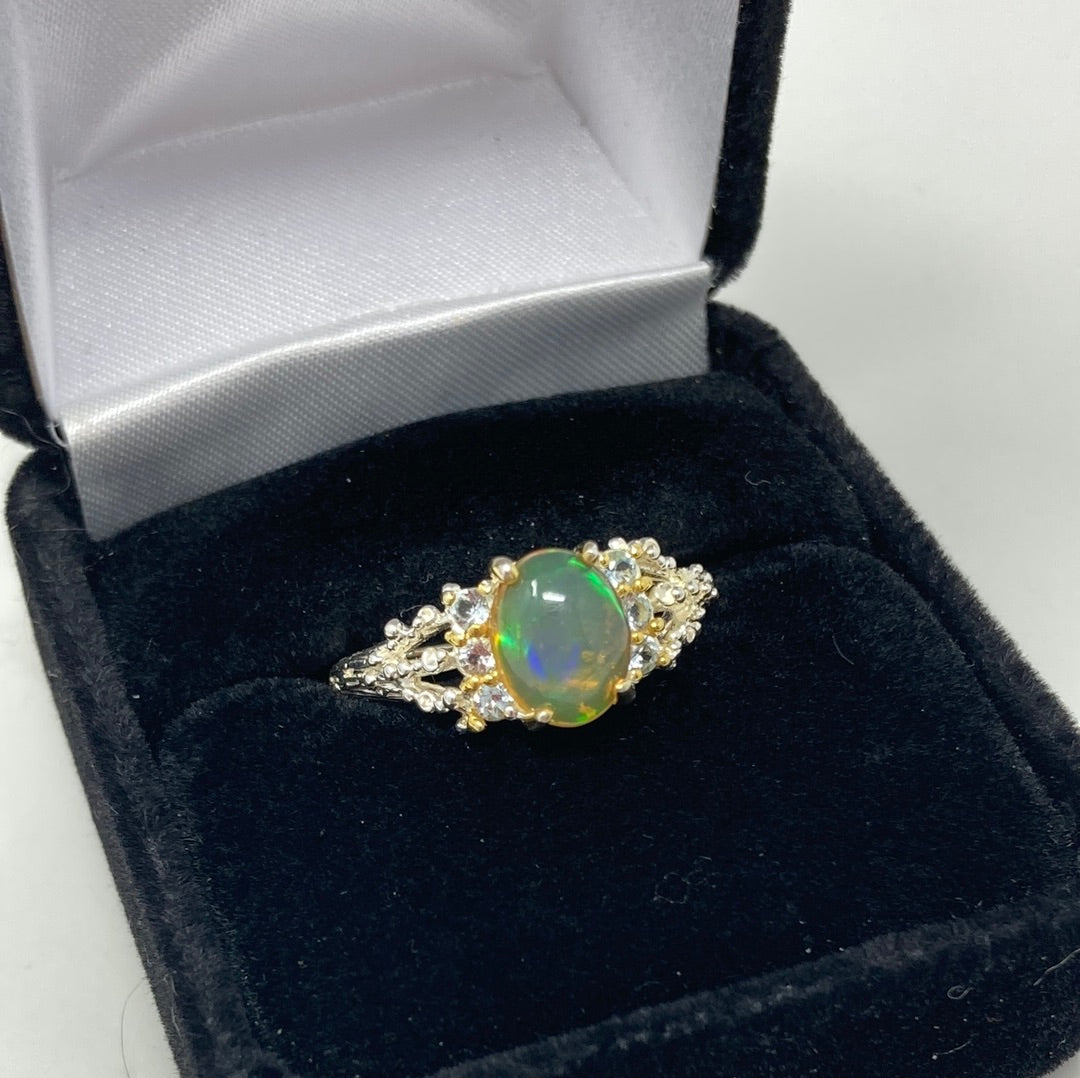 Genuine Fiery Opal With Blue Topaz Ring