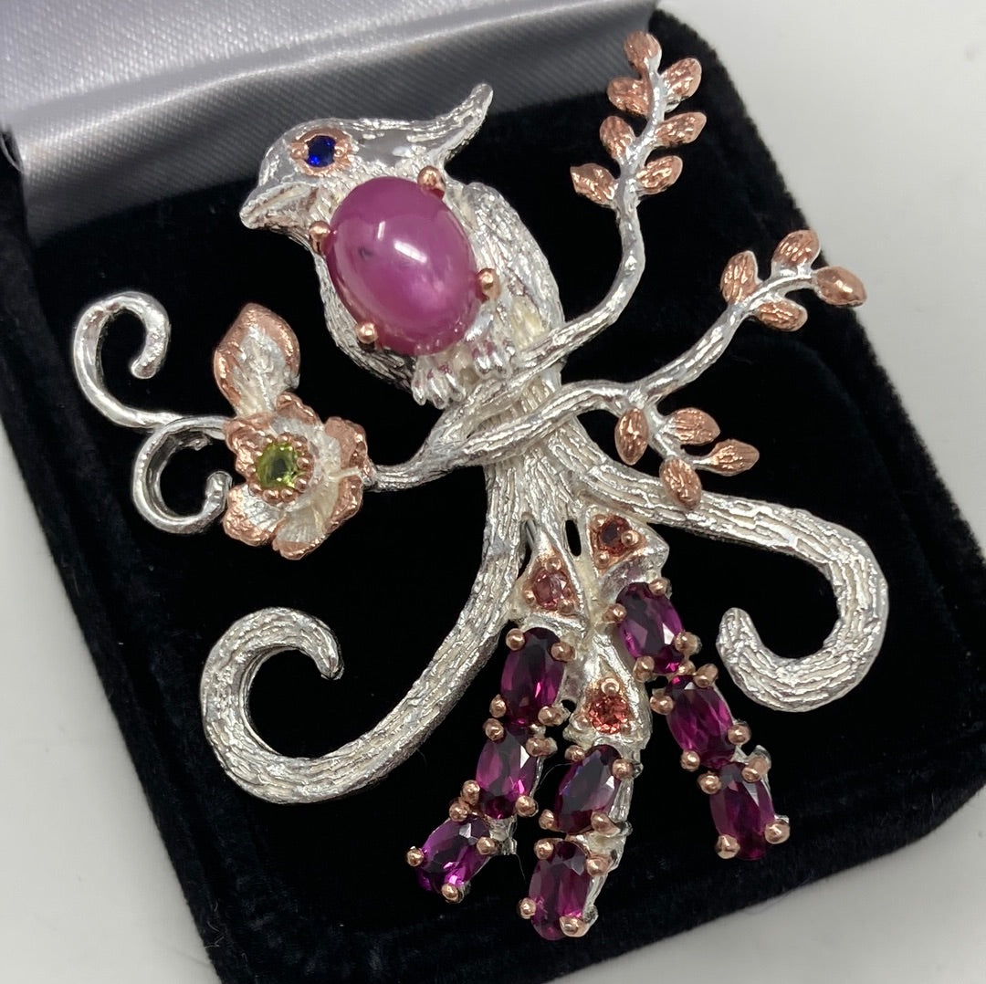 Genuine Ruby and Garnets Bird Brooch