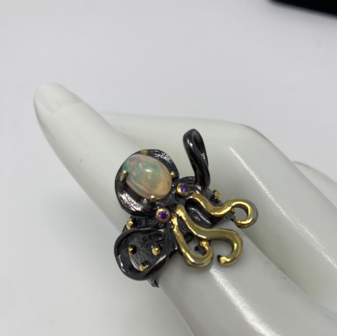Adorable Genuine Opal Octopus Ring