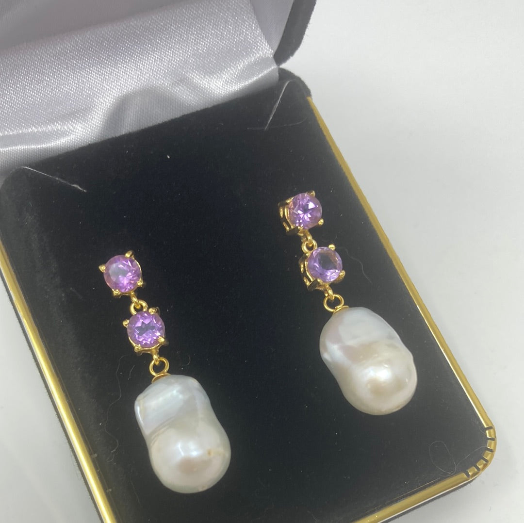 Genuine Baroque Pearl & Amethyst Earrings