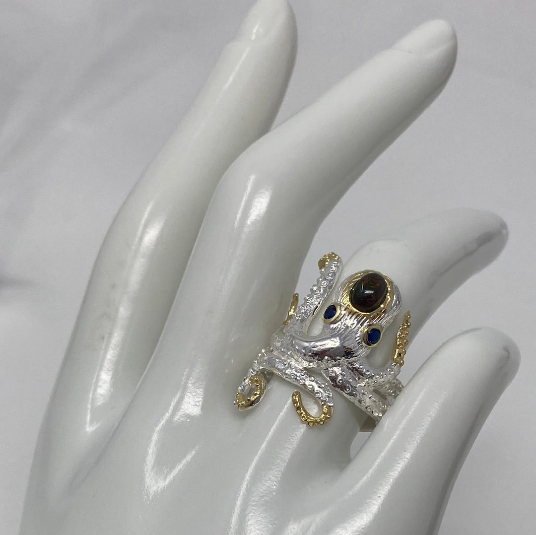 Artistic Genuine Black Opal Octopus Ring