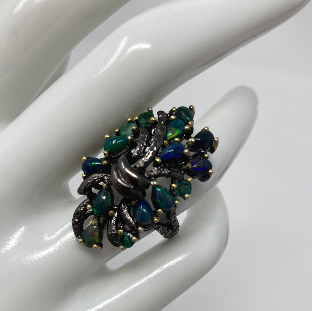 Bougie Genuine Black Opals & Emerald Ring