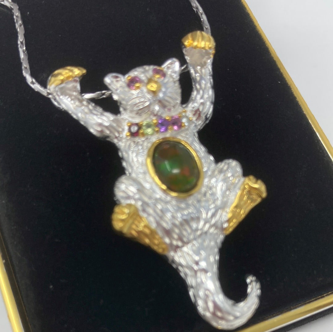 The Royal Cat, Genuine Fiery Black Opals & Gemstone Pendant.