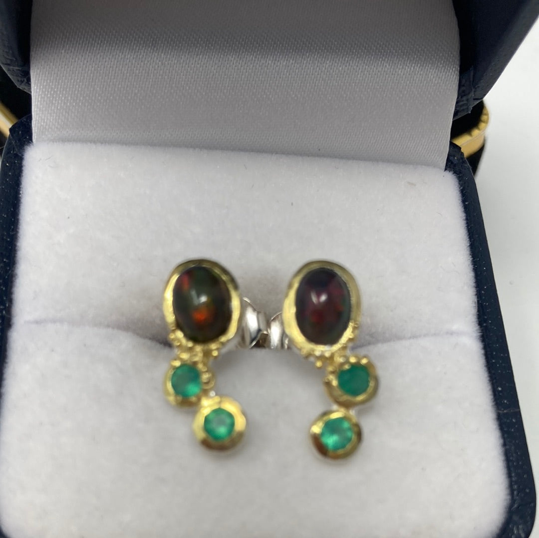 Genuine Black Opal and Green Onyx Earrings