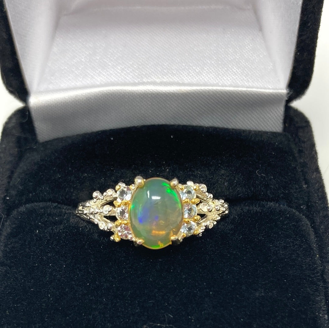 Genuine Fiery Opal With Blue Topaz Ring
