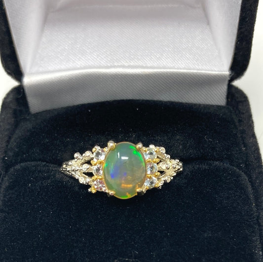 Genuine Fiery Opal With Blue Topaz Ring