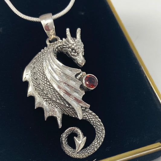 Artistic Unusual Sterling Dragon Pendant with Genuine Garnet