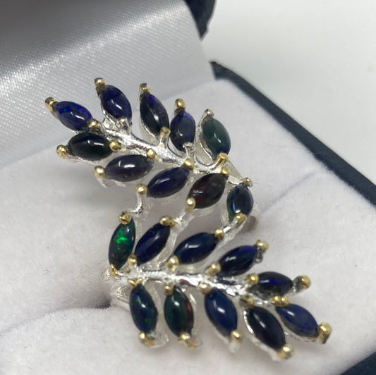 Genuine Black Opal Feather Ring