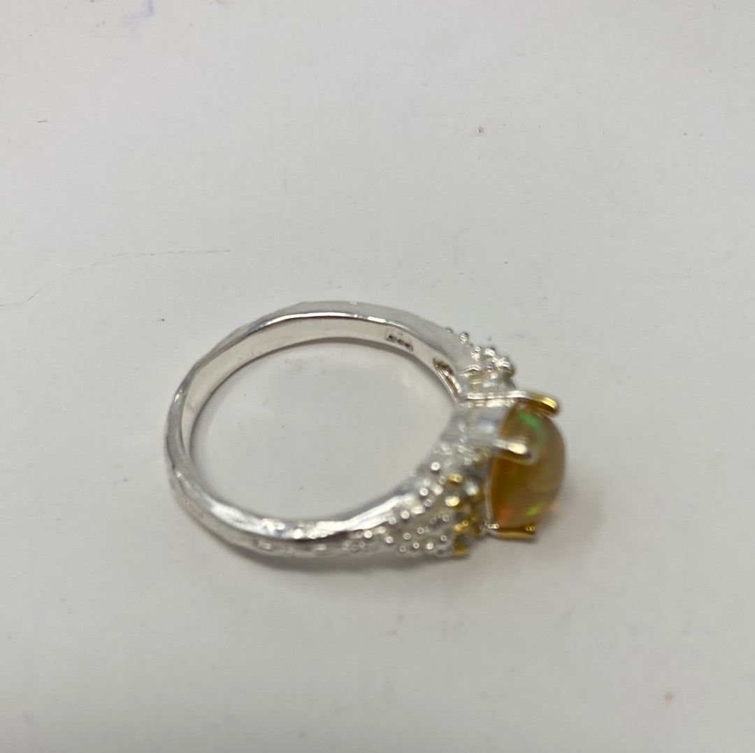 Genuine Fiery Opal With Blue Topaz Ring
