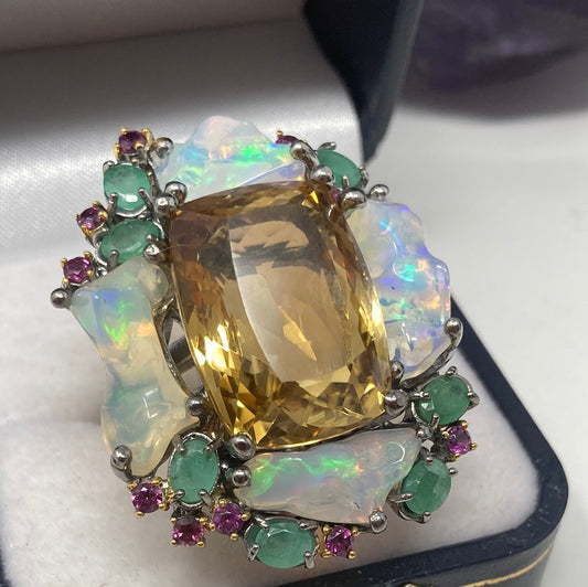 Masterpiece Genuine Citrine, Opal & Emerald Ring