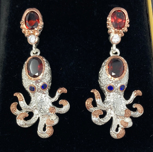 Whimsical Genuine Garnet Octopus Earrings