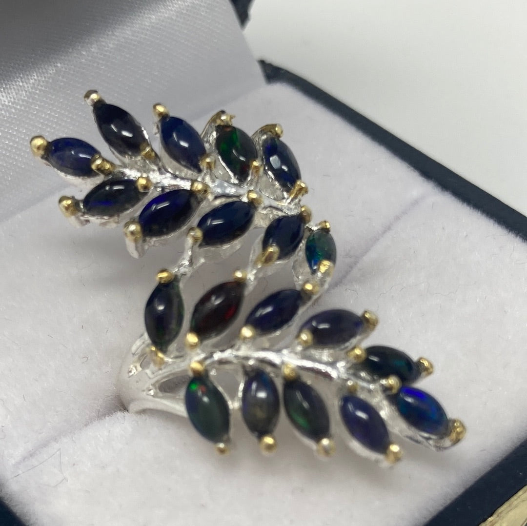 Genuine Black Opal Feather Ring