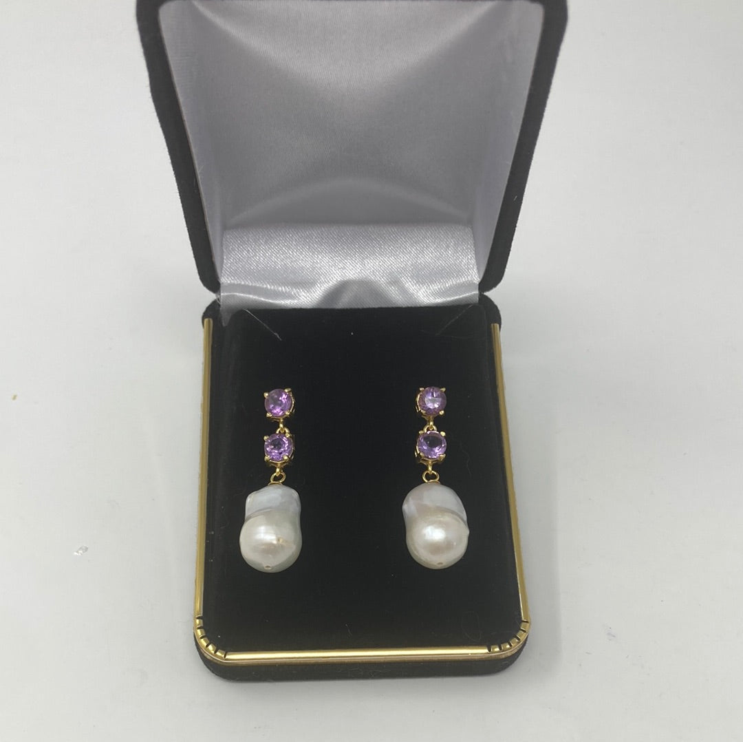 Genuine Baroque Pearl & Amethyst Earrings