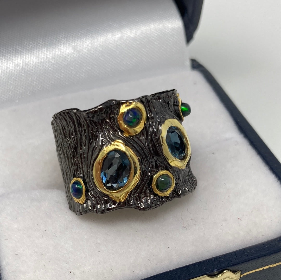 Stunning and Unusual Genuine London Blue Topaz & Opal Ring