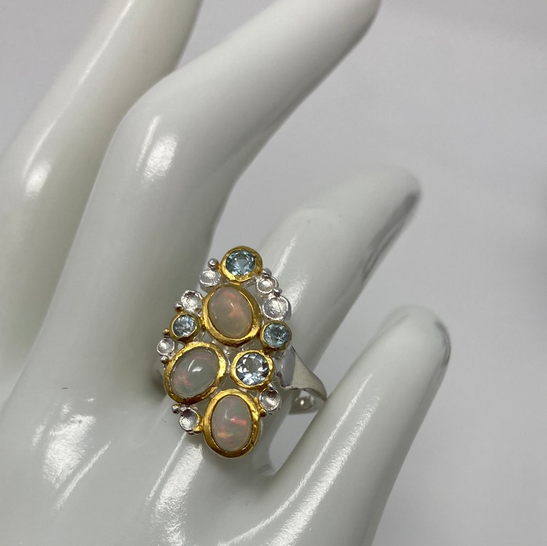 Genuine Opals & Blue Topaz Ring