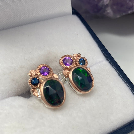 Genuine Faceted Black Opal Earring