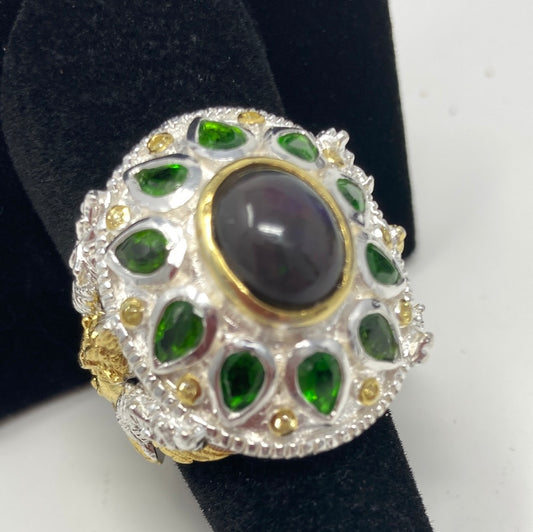 Crown Jewels, Genuine Black Opal & Russian Chrome Diopside Ring