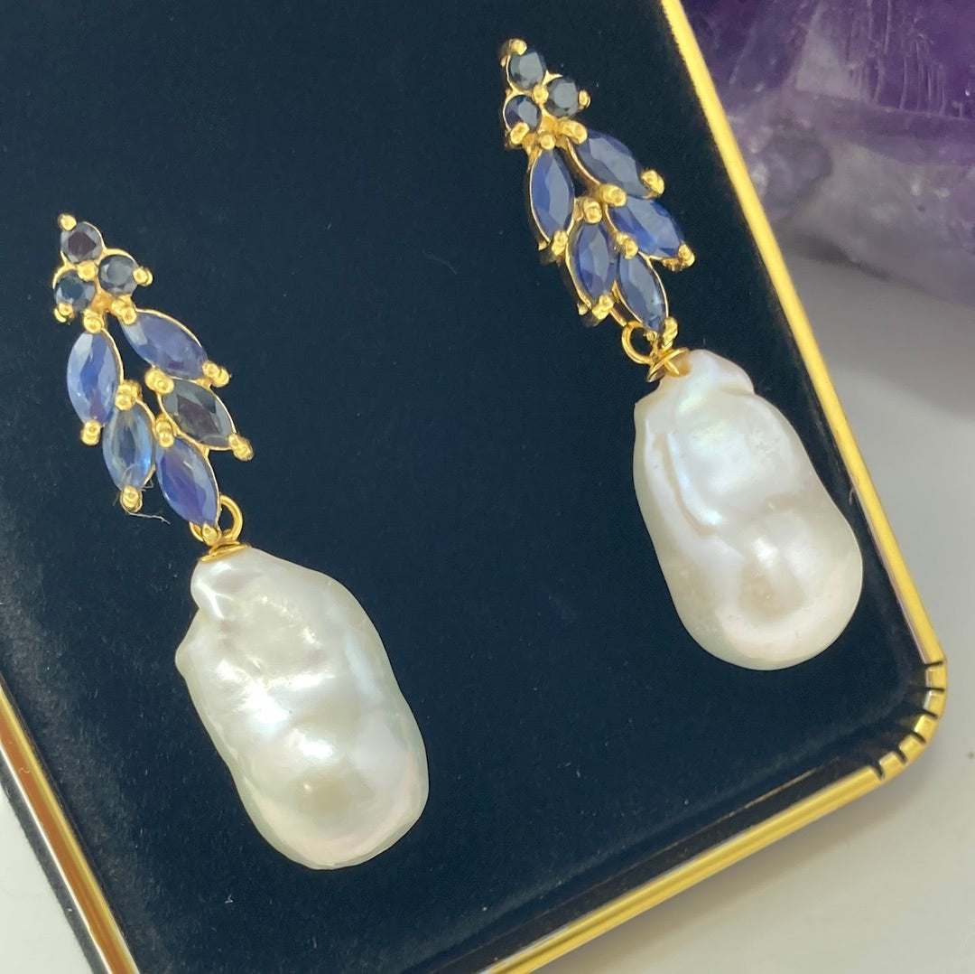 Genuine Sapphire & Baroque Pearl Earrings