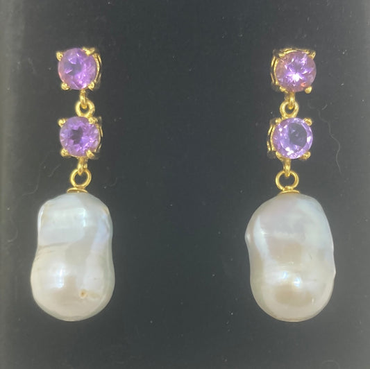 Genuine Baroque Pearl & Amethyst Earrings