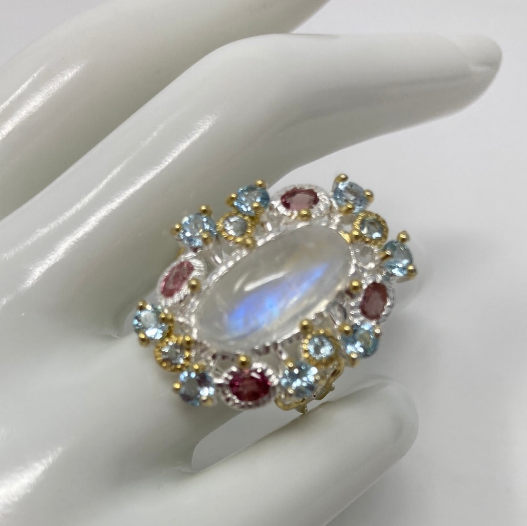 Marvelous Genuine Moonstone & Tourmaline Ring